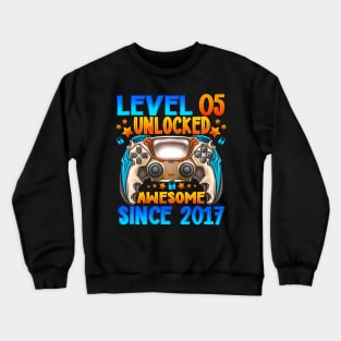 Level 5 Unlocked Awesome Since 2017 5Th Birthday Gaming Crewneck Sweatshirt